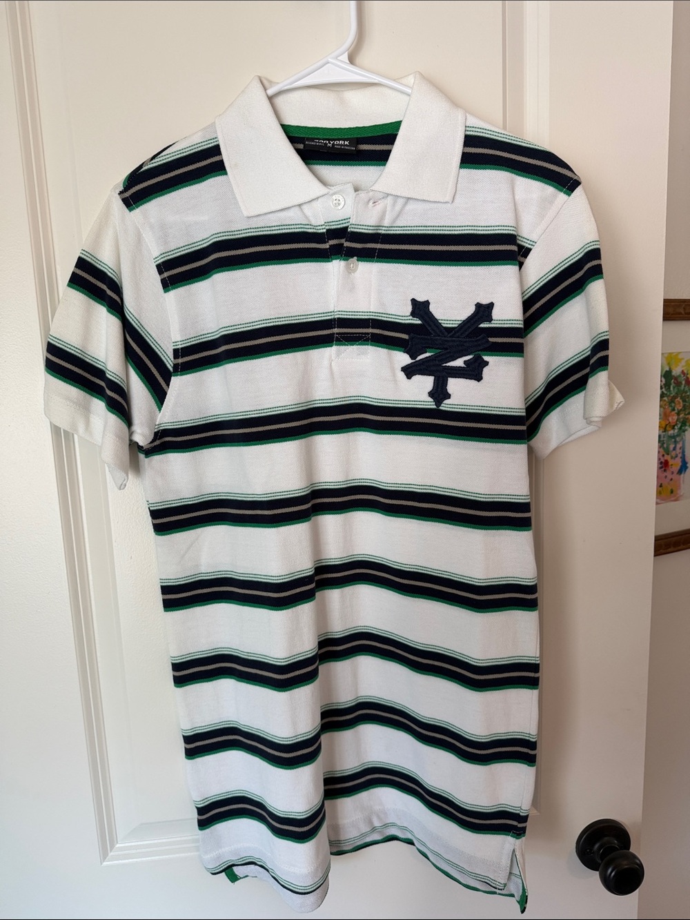 2000s Zoo York White Polo with Black & Green Stripes